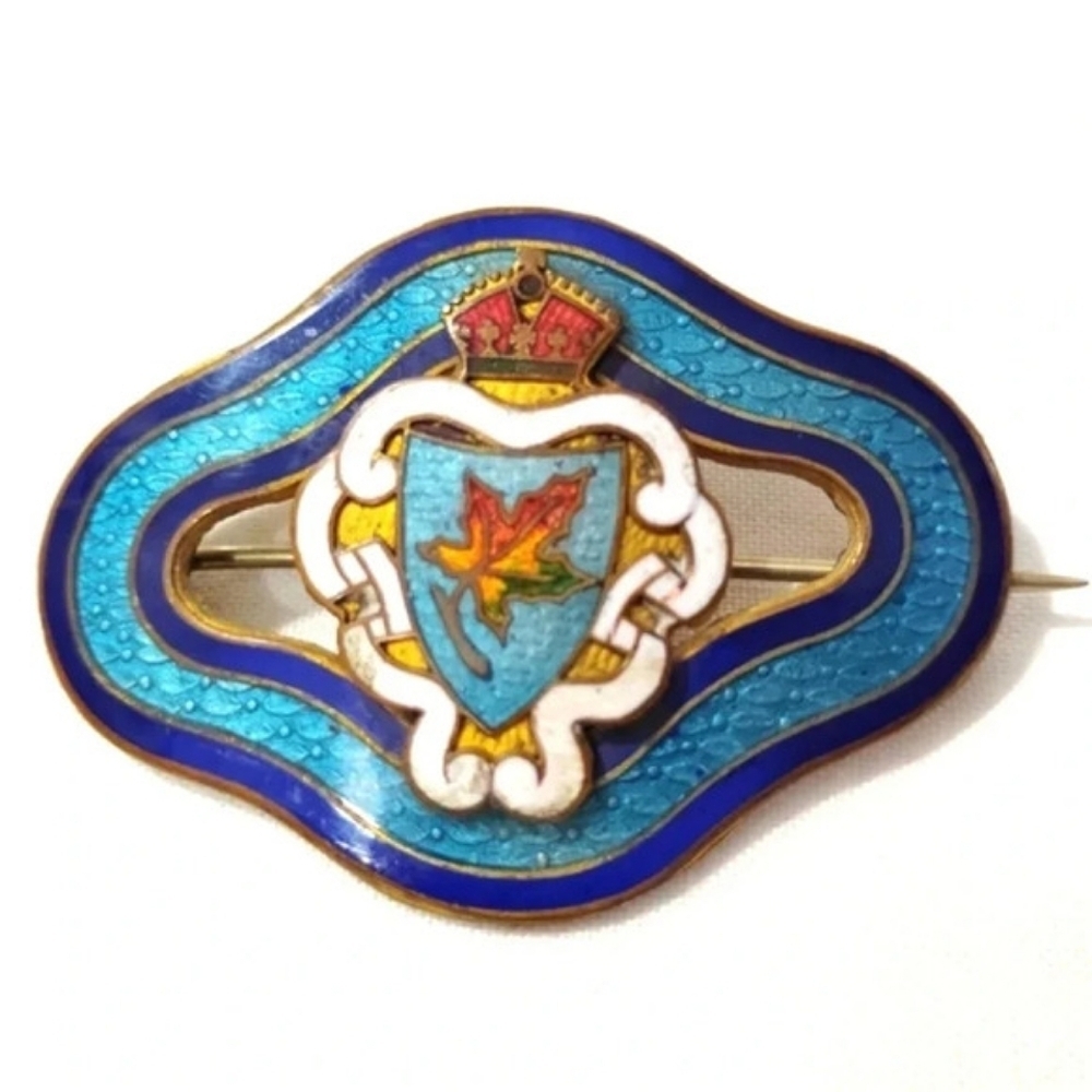 Antique Canada Brooch Guilloche Enamel Maple Leaf Shield Crest Long Arm Pin